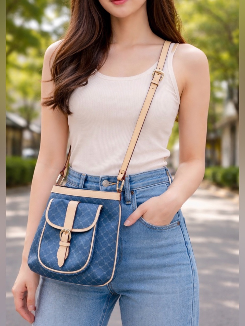 Italian dark Blue Crossbody Bag with Beige Trim - Women
